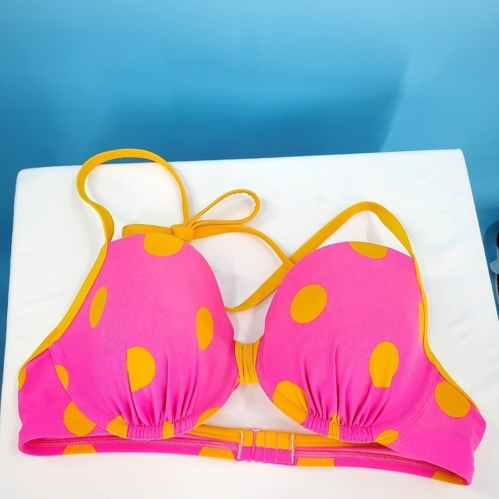 Aerie 36C hot pink and yellow polka dot halter bikini top